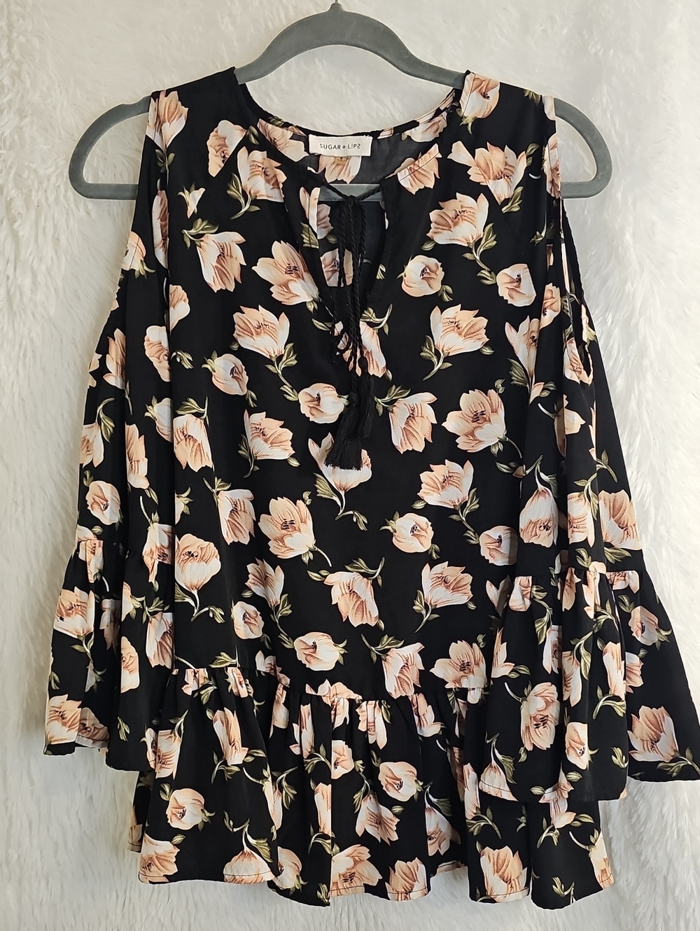 Sugarlips Black Floral Cold-Shoulder Tunic with Peach Blooms